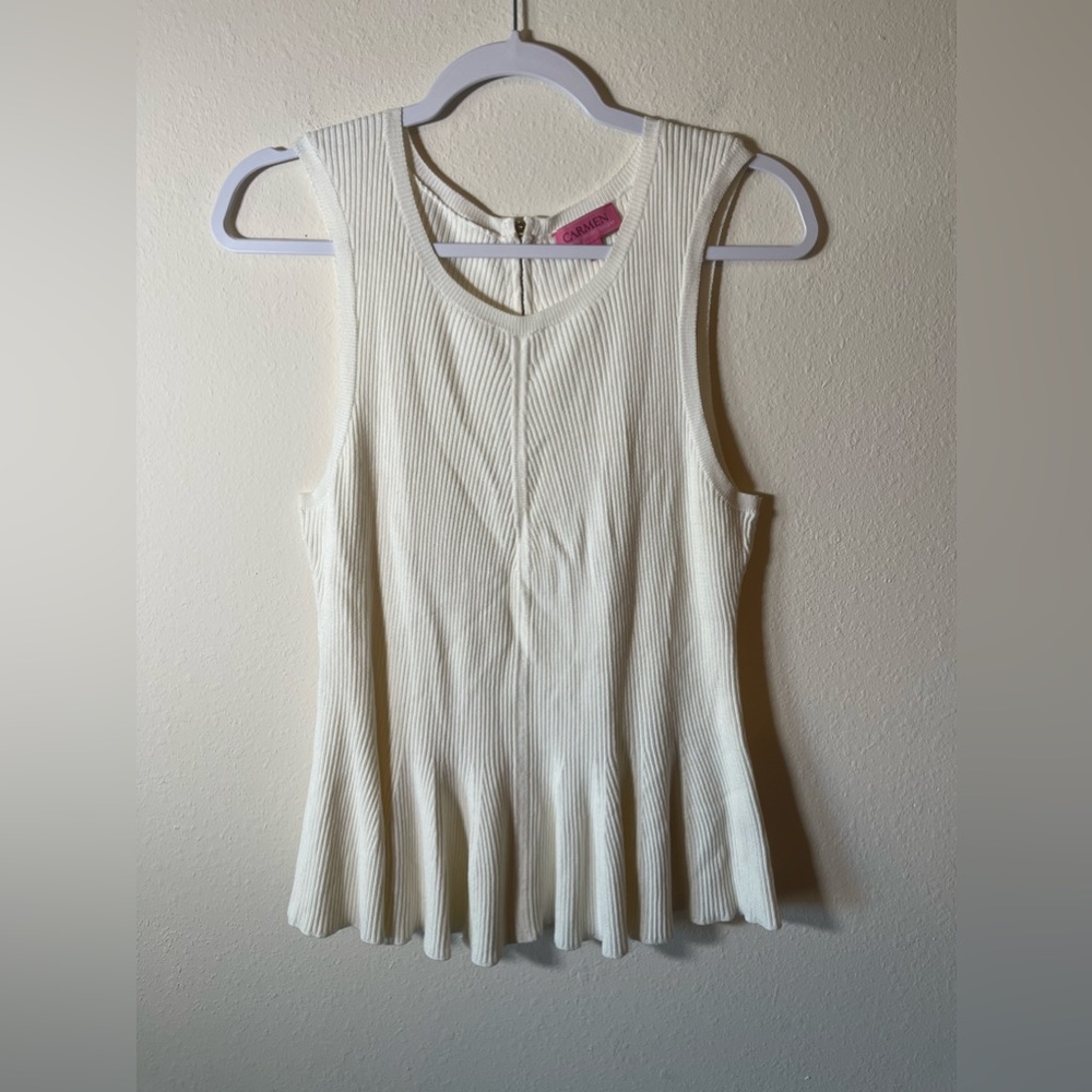 Carmen Marc Valvo Ribbed Peplum Sleeveless Blouse Women’s Size M White